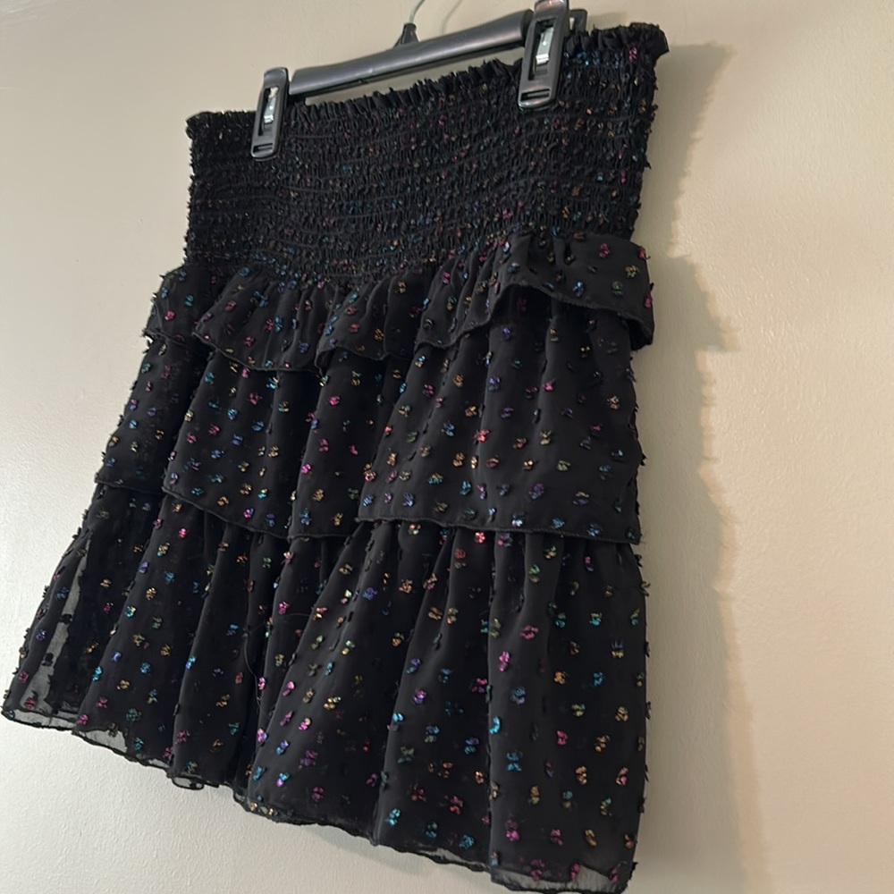 KOCH Black Rainbow Confetti Mini Skirt Metallic Swiss Dot Crepe Elastic Waist M - Picture 3 of 10